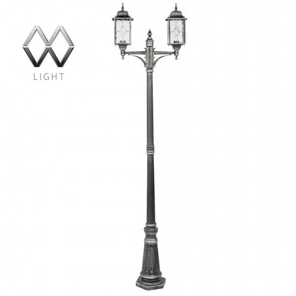 Столб уличный MW-Light Бургос, 2 плафона, чёрный с серебром, прозрачный (813040602)